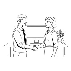 Line art illustration of a businessman and businesswoman shaking hands.