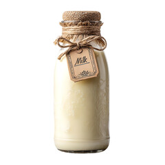 A glass bottle of fresh milk, tied with twine and a milk tag