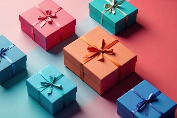 Minimalist Geometric Gift Wrapping with Bold Color Blocking Overhead view of a rectangular gift box with sharp, clean edges. The wrapping paper features a striking color block design with intersecting