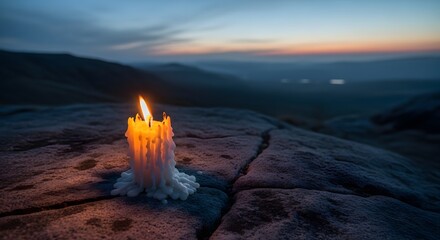 A solitary candle burns on a rocky surface during sunset, creating a warm glow against the cool tones of the landscape and sky