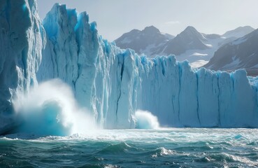Massive glacier breaks apart into ocean water with large icebergs calving off. Blue ice wall melts, creating splash, foam. Icebergs float near coastal mountains. Dramatic natural event showing