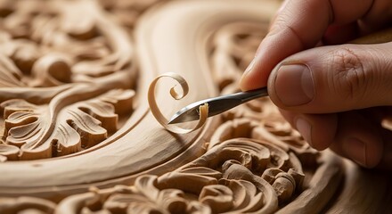 Artisan Skillfully Carving Intricate Woodwork with Precision and Detail