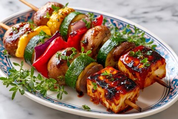 Grilled halloumi and vegetable skewers with fresh thyme