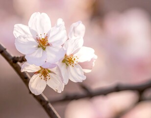 Close-up of delicate, blooming white blossoms on a brown branch