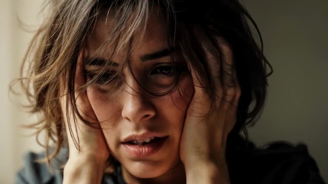 Female PTSD concept: traumatized woman in emotional stress with disheveled hair, presses hands to face