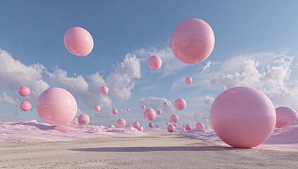 Pink spheres float in a surreal landscape under a cloudy sky