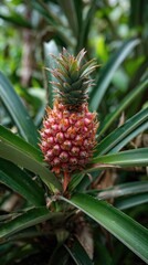 Obraz premium Ripe, vibrant pineapple growing amidst long, green leaves and natural foliage
