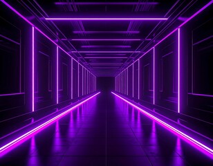 A symmetrical, futuristic corridor with bright magenta neon lights along the walls and floor, disappearing to a vanishing point