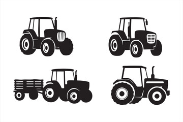 Farming vehicle vector pack featuring tractors with large wheels and trailer attachments