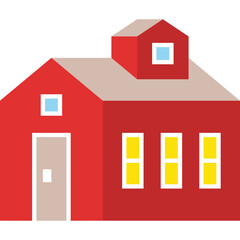 Pixel Art Red House With Dormer And Yellow Windows On Transparent Background