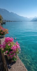 Scenic lakeside view with colorful flowers and distant mountains