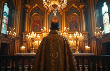 Naklejka premium Orthodox priest stands at ornate church altar. Performs sacred liturgy ceremony inside grand temple. Many candles light up holy icons, gilded interior. Spiritual event shows ancient Christian
