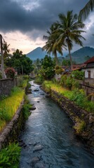 Obraz premium Scenic river flowing through a tropical village with palm trees