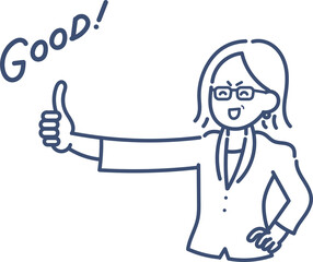 グッドのジェスチャーをする40代のビジネスウーマンのイラスト　線画のみ