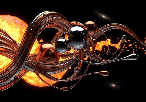 Cosmic fusion: Abstract arrangement of metallic spheres and fluid forms against a fiery nebula backdrop