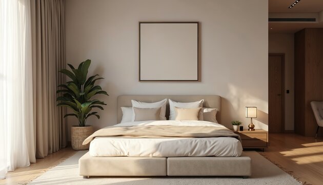 Minimalist bedroom interior features a large bed with neutral bedding. A potted plant sits near sheer curtains filtering sunlight. A blank framed artwork hangs above the headboard.