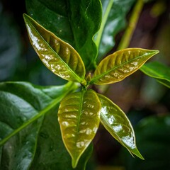 A close-up shot of vibrant green leaves sprouting from a central stem, showcasing new growth
