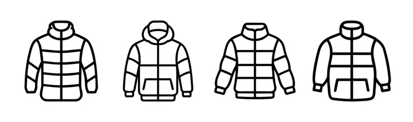 Collection of four puffer jackets and hooded puffer jackets icons for clothing and fashion