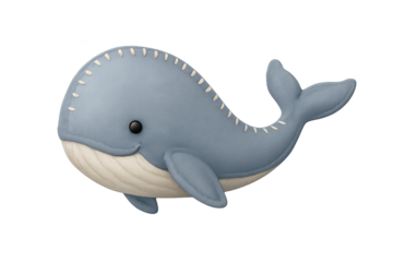 Blue plush whale toy with stitched white belly, cute face, and small fins