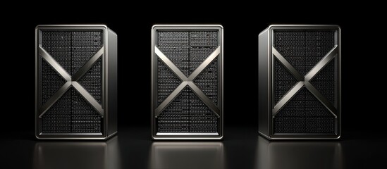Sleek, metallic server cabinets with distinctive X bracing against dark backdrop. High-performance computing