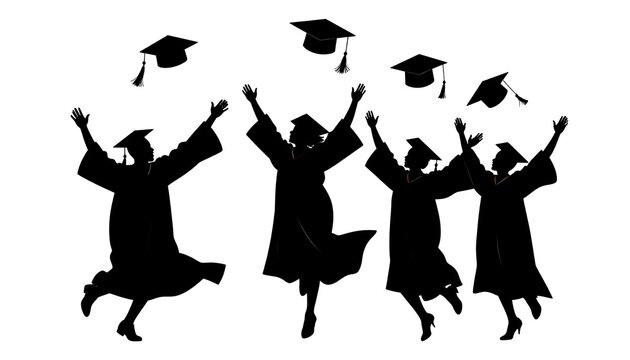 Silhouette image featuring graduates in gowns celebrating by tossing their mortarboards high in the air against a bright background