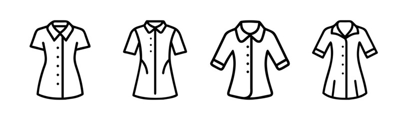 Collection of four hand drawn shirt dresses with different collar styles and sleeve lengths