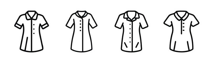 Four variations of short-sleeve button-down shirt dresses in sketchy style