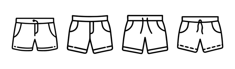 Collection of four hand-drawn shorts styles showing different pocket and waist details for fashion design
