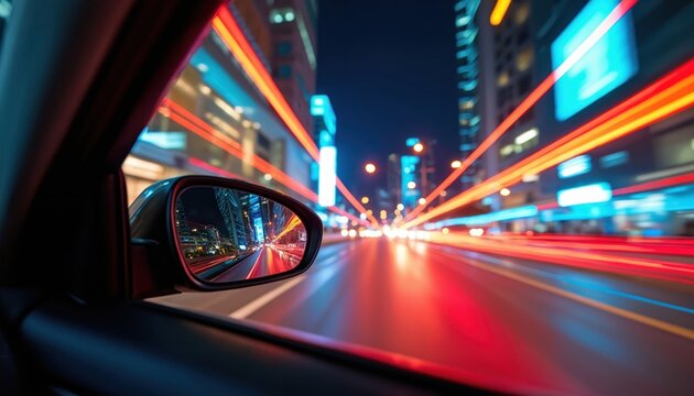Rearview mirror view of city street at night with colorful light trails. Car drives on urban road with blurred motion. Cityscape with vibrant traffic lights, billboards. Nighttime transportation - Powered by Adobe