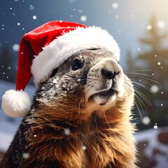 A close-up shot of a marmot wearing a festive Santa hat in a wintery landscape with falling snow. The animal is gazing upward