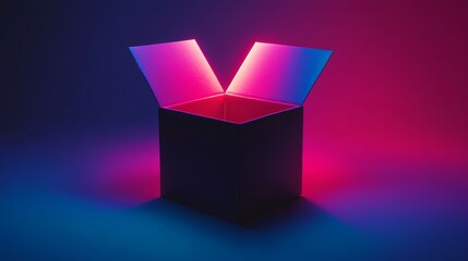 A vibrant illuminated box glows in colorful pink and blue light. Open to reveal potential inside. Explore the wonders that can be discovered. Generative AI