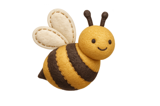 Plush bee toy with yellow body, brown stripes, beige wings, and smiling face