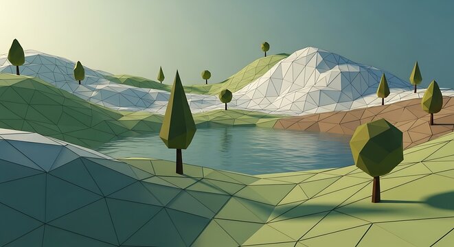Stylized low poly landscape illustration showcasing tranquility with a serene lake surrounded by geometric hills and
