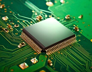 A close-up showcases a central square processor chip set with golden pins on a vibrant green circuit board. Details of the motherboard are visible