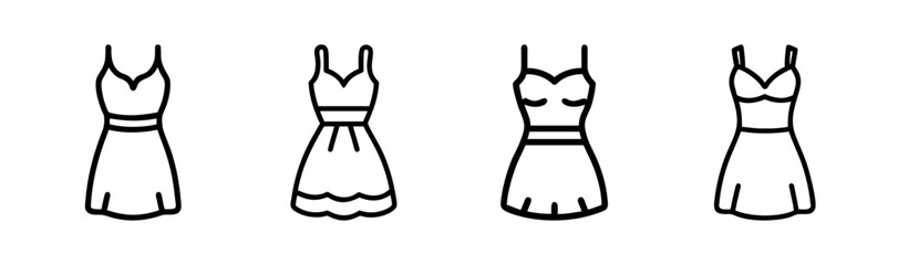 Collection of four simple sundress line art icons casual summer apparel