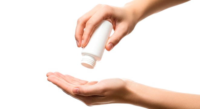 Close-up of a hand squeezing a small white bottle, possibly containing lotion, cream, or sanitizer, against a clean background.