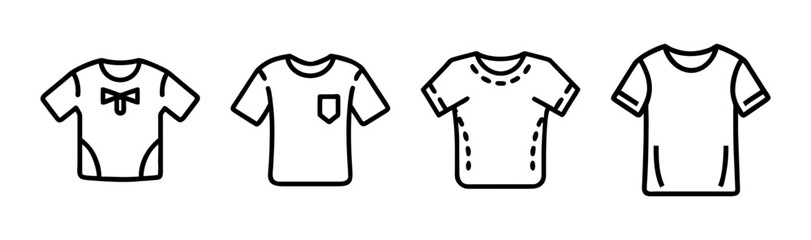 Four simple outline styles of t-shirts featuring different designs and a pocket