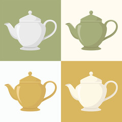 Set of teapots on different colours backgrounds. Teatime vector illustration.