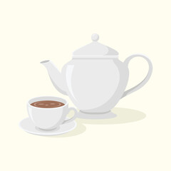 White teapot and cup with saucer. Teatime set vector illustration.