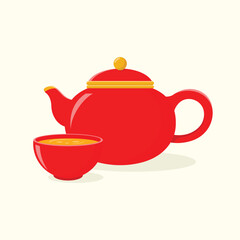 Red teapot and cup. Teatime set vector illustration.