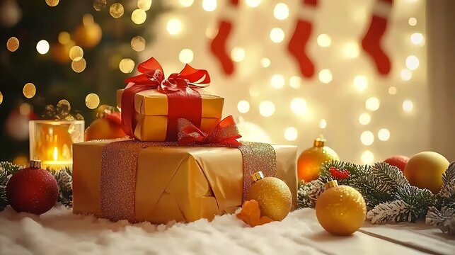 Contemporary festive flat lay with gold holiday decorations on white background under soft diffused light