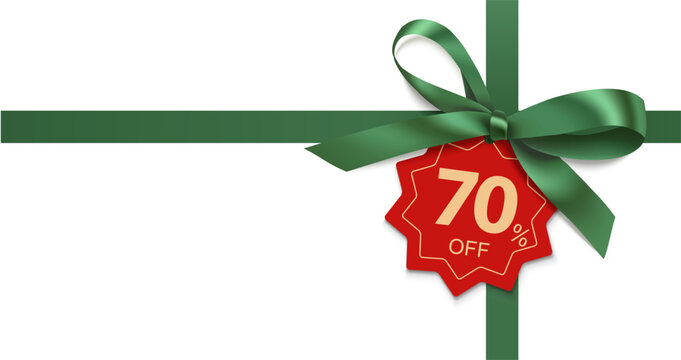 Decorative horizontal green ribbon with bow and price tag for Christmas sale design. Vector decoration and discount label isolated on white. Vector stock illustration. Not AI	