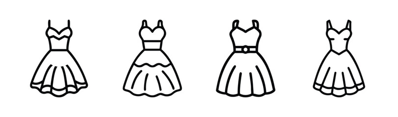 Four hand-drawn line art dresses with flared skirts and straps