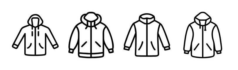 Collection of four hooded windbreaker jackets line art apparel fashion clothing