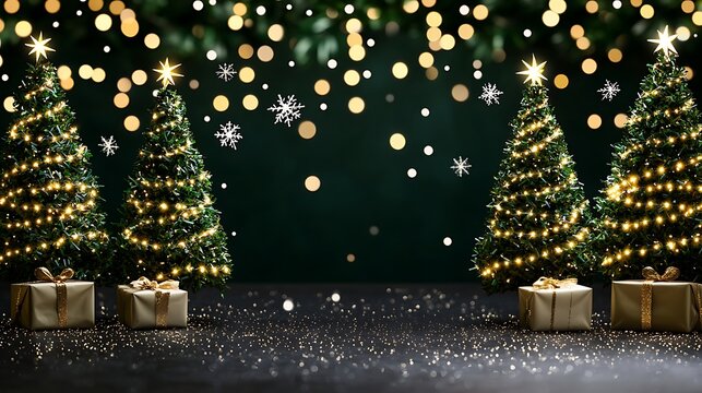 Dark elegant holiday backdrop featuring glowing tree lines surrounded by floating light particles