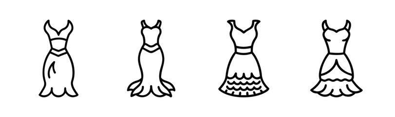 Collection of four distinct hand-drawn fashionable dresses including mermaid style outfits