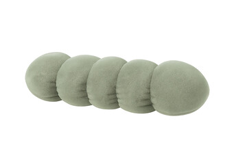 Five greenish-gray round makeup puff pouches arranged in line for powder application