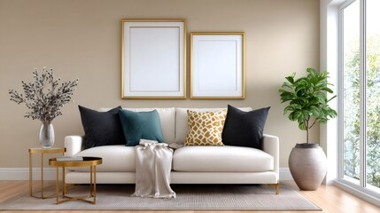 Fototapeta premium Modern living room interior with sofa and picture frame mockup