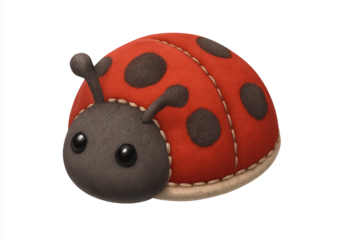 Soft red ladybug plush toy with black spots and beige stitching