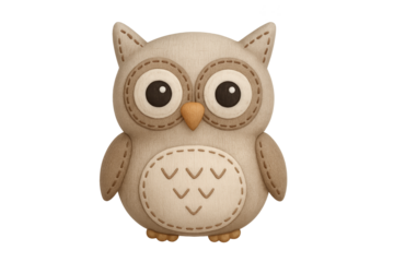 Wooden owl figurine with stitched details, beige tones, cute round eyes, handcrafted